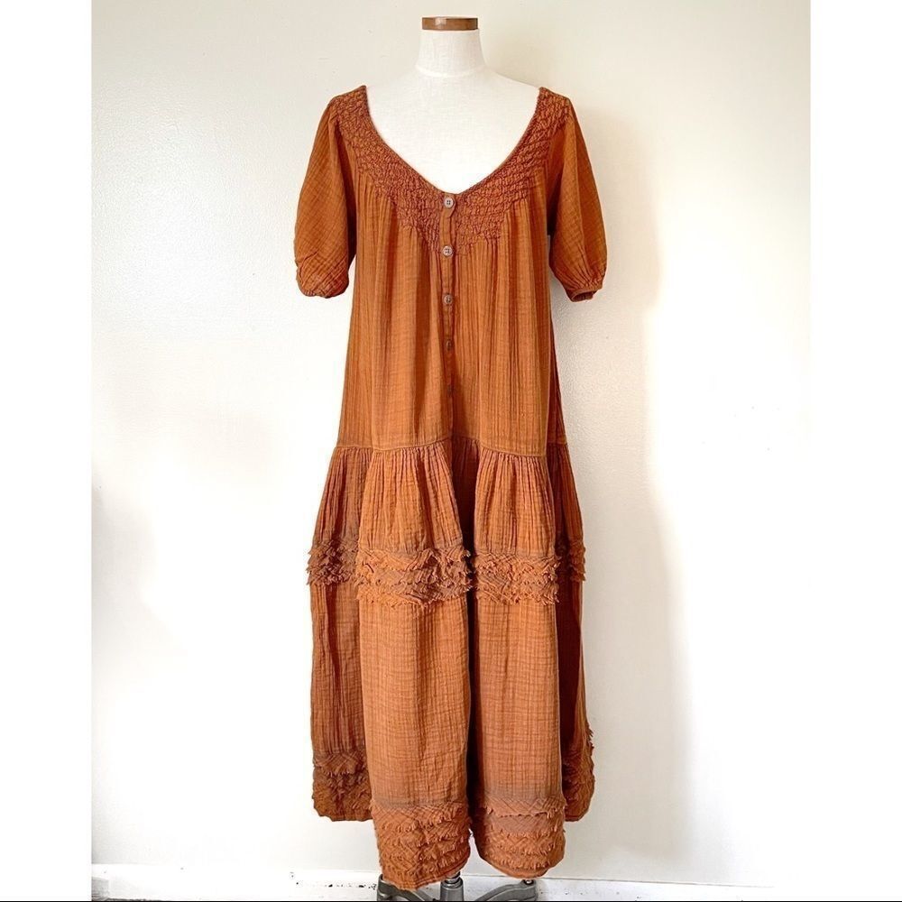 Free People Sunday Stroll Maxi Dress smocked oversized Small Burnt Clay Combo - Picture 3 of 14
